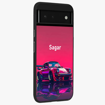 Neon Pink Porsche Glass Case upright view showcasing vibrant sports car artwork with bold automotive theme.