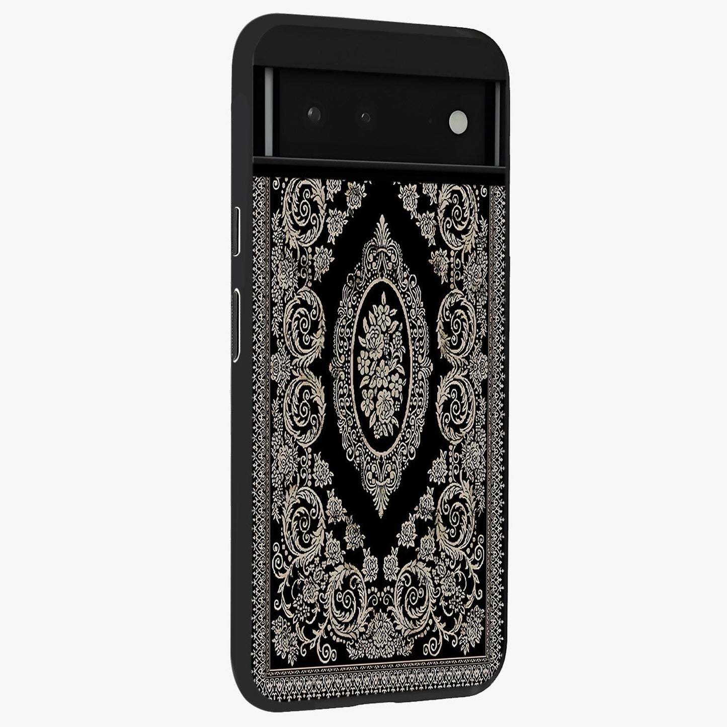 Noir Bloom Elegance Glass Case upright view showcasing graceful floral artwork with luxurious dark theme.