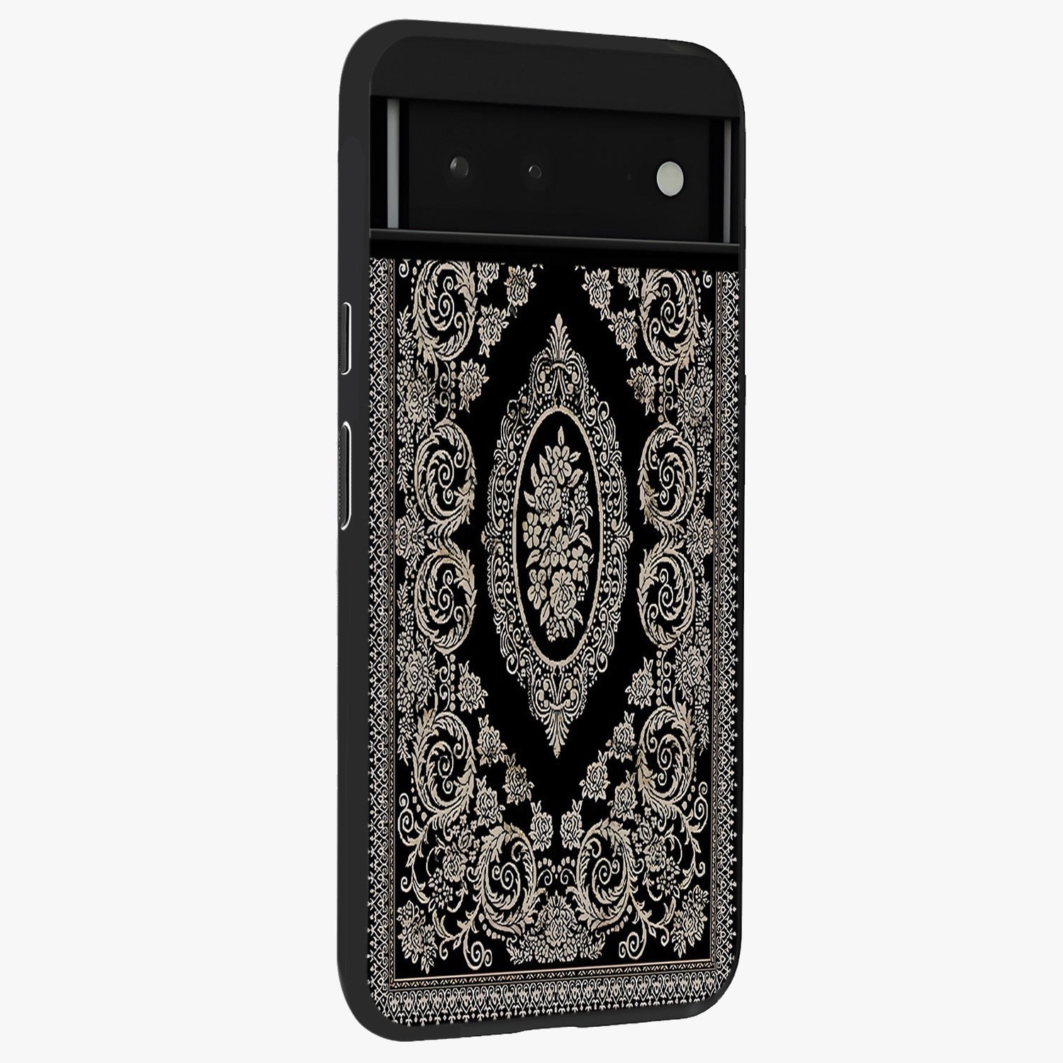 Noir Bloom Elegance Glass Case upright view showcasing graceful floral artwork with luxurious dark theme.