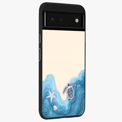 Ocean Drift Turtle Glass Case upright view showcasing calm underwater turtle artwork with nature inspired theme.