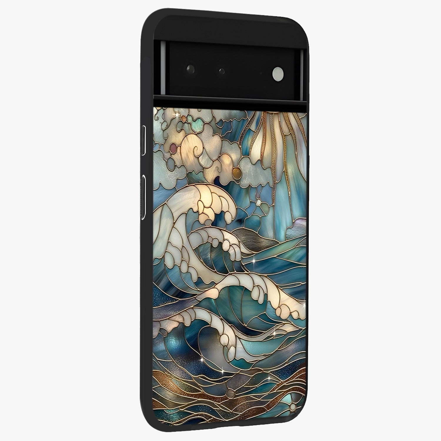 Oceanic Stained Printed Glass Case upright view showcasing decorative ocean pattern artwork with vibrant marine theme.
