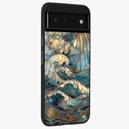 Oceanic Stained Printed Glass Case upright view showcasing decorative ocean pattern artwork with vibrant marine theme.