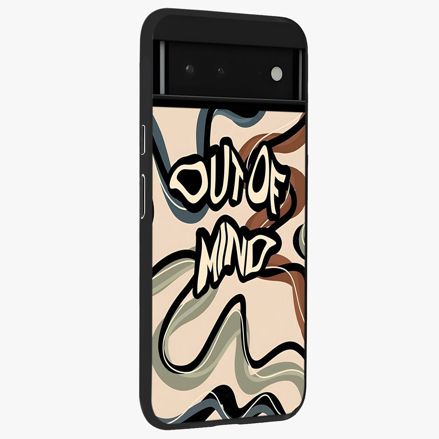 Out Of Mind Glass Case upright view showcasing striking typography artwork with edgy conceptual theme.
