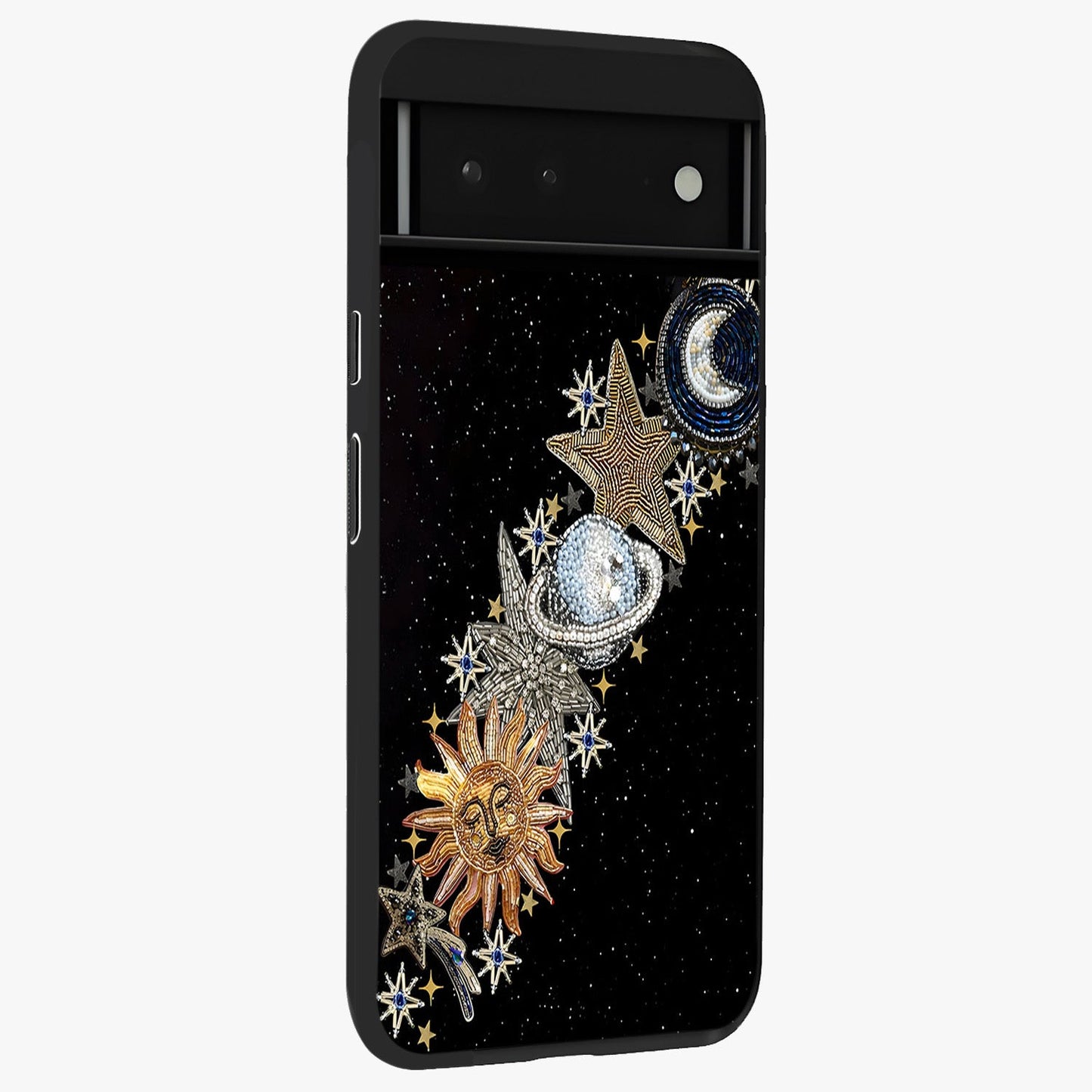 Pearls Universe Object Glass Case upright view showcasing decorative pearl themed artwork with cosmic elegance.