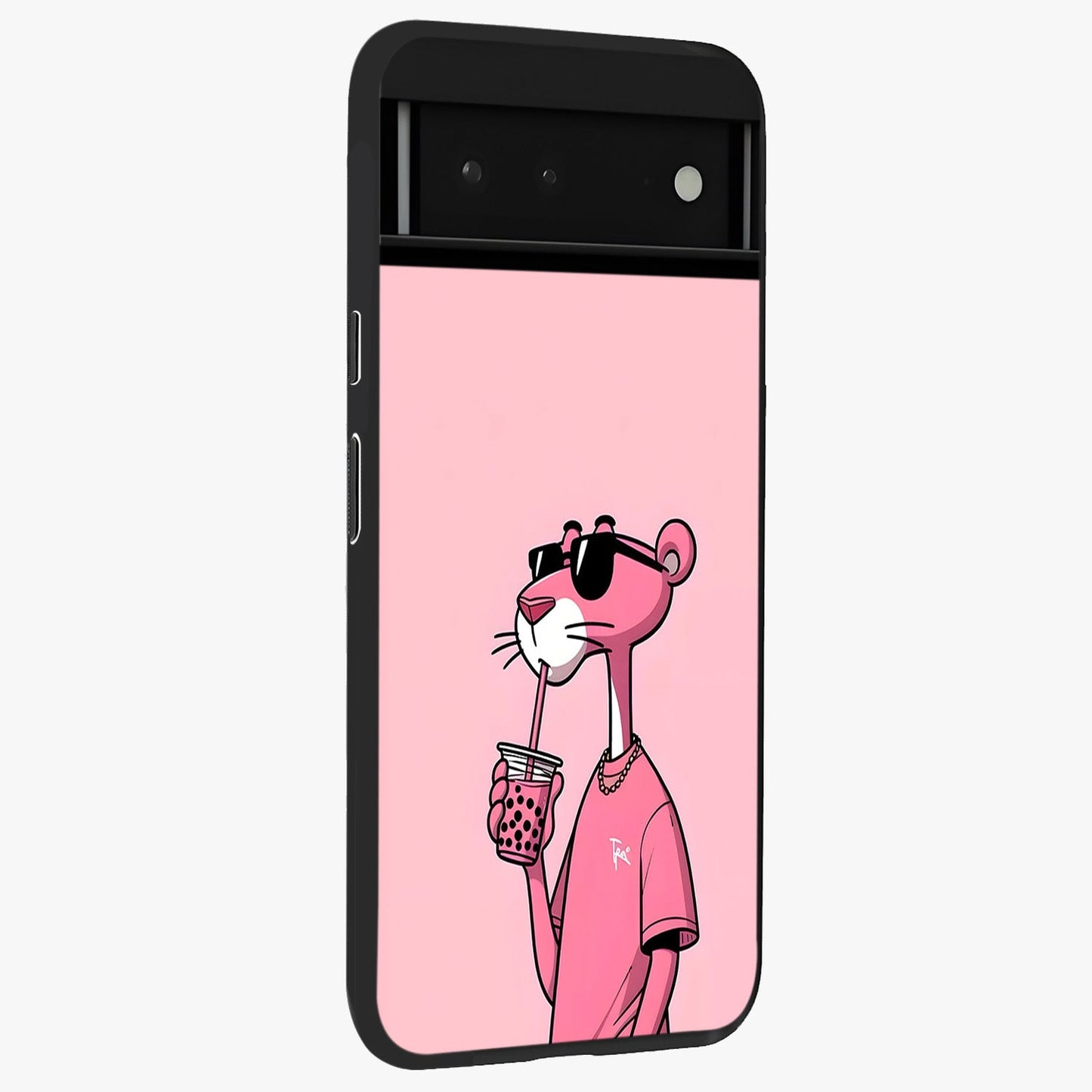 Pink Panther Glass Case upright view showcasing fun animated artwork with stylish retro cartoon theme.