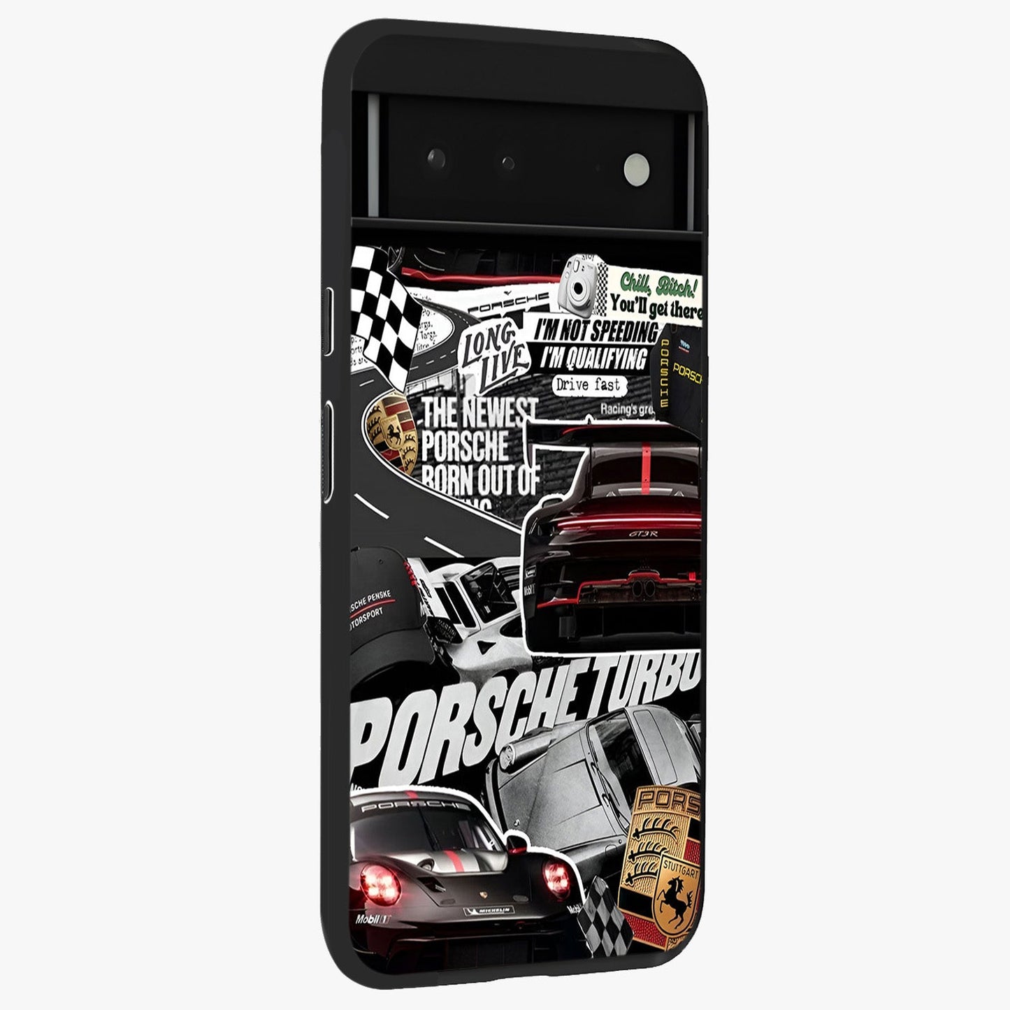 Porsche Racing Collage Glass Case upright view showcasing energetic car collage artwork with high speed racing theme.