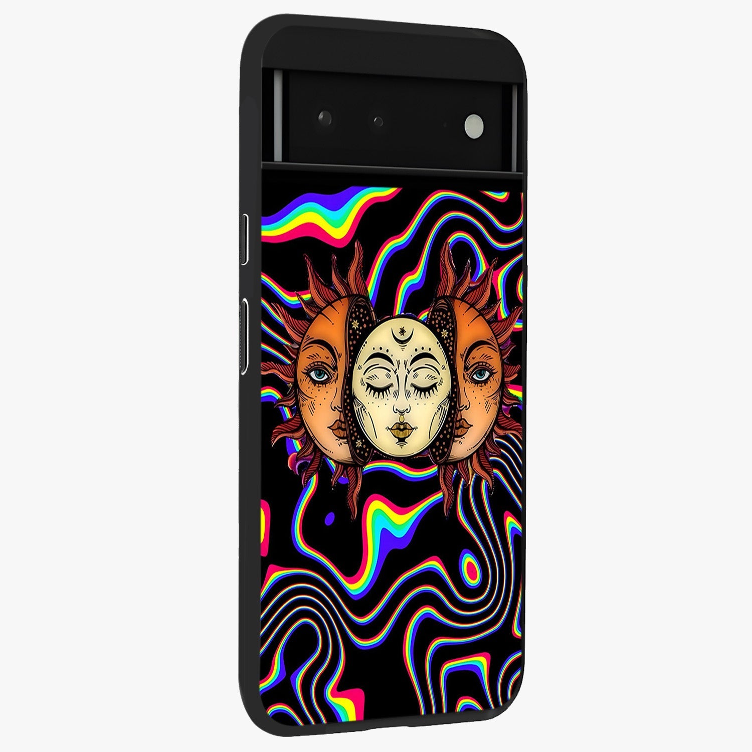 Psychedelic Sun Glass Case upright view showcasing trippy sun artwork with bold psychedelic theme.