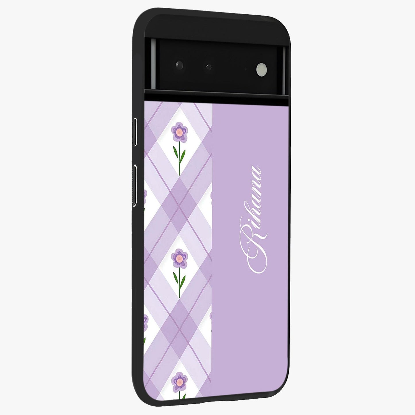 Purple Diamond Floral Glass Case upright view showcasing vibrant floral artwork with stylish geometric theme.