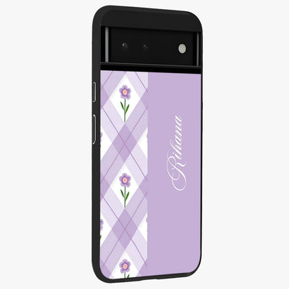 Purple Diamond Floral Glass Case upright view showcasing vibrant floral artwork with stylish geometric theme.