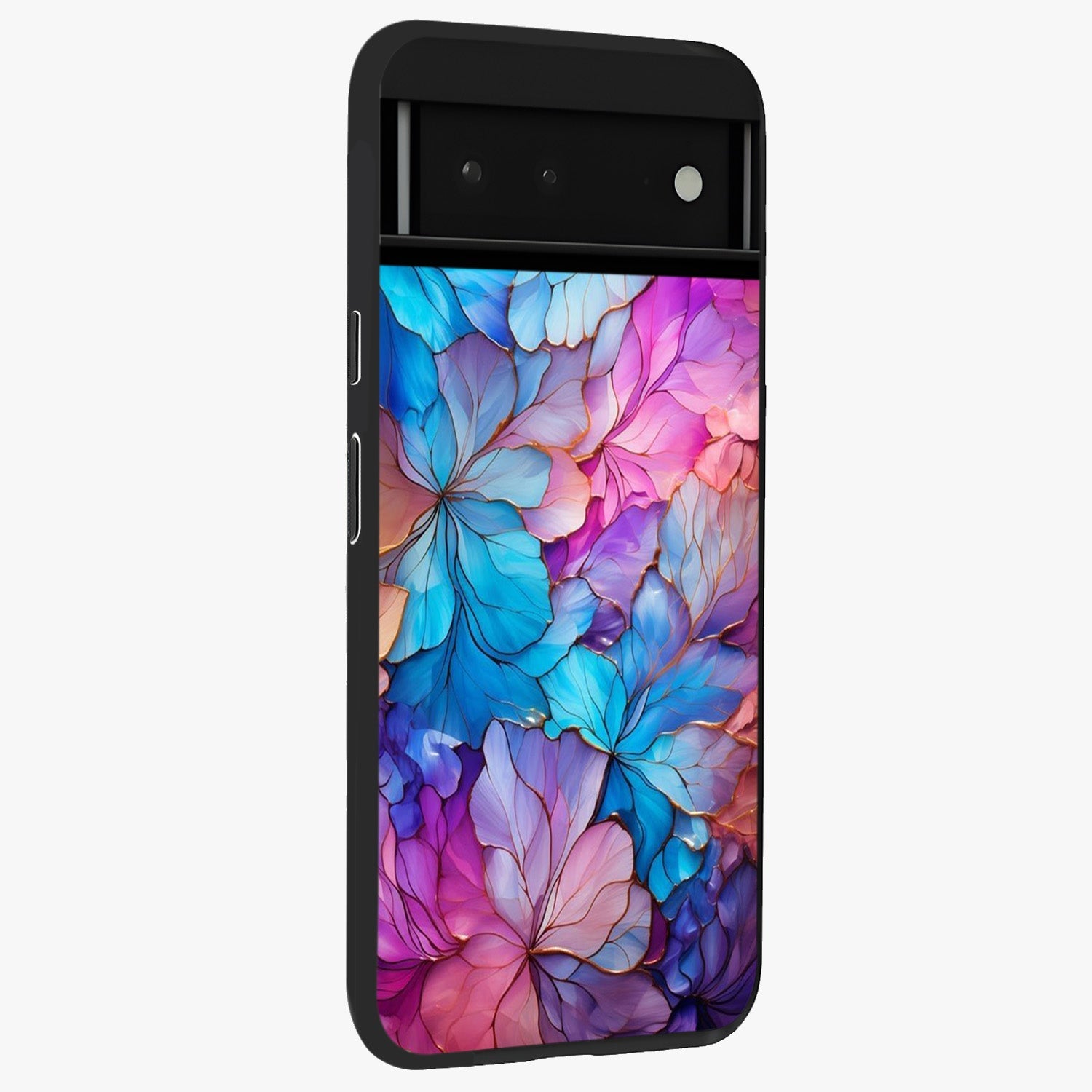 Radiant Floral Whirl Glass Case upright view showcasing lively floral artwork with decorative swirl theme.