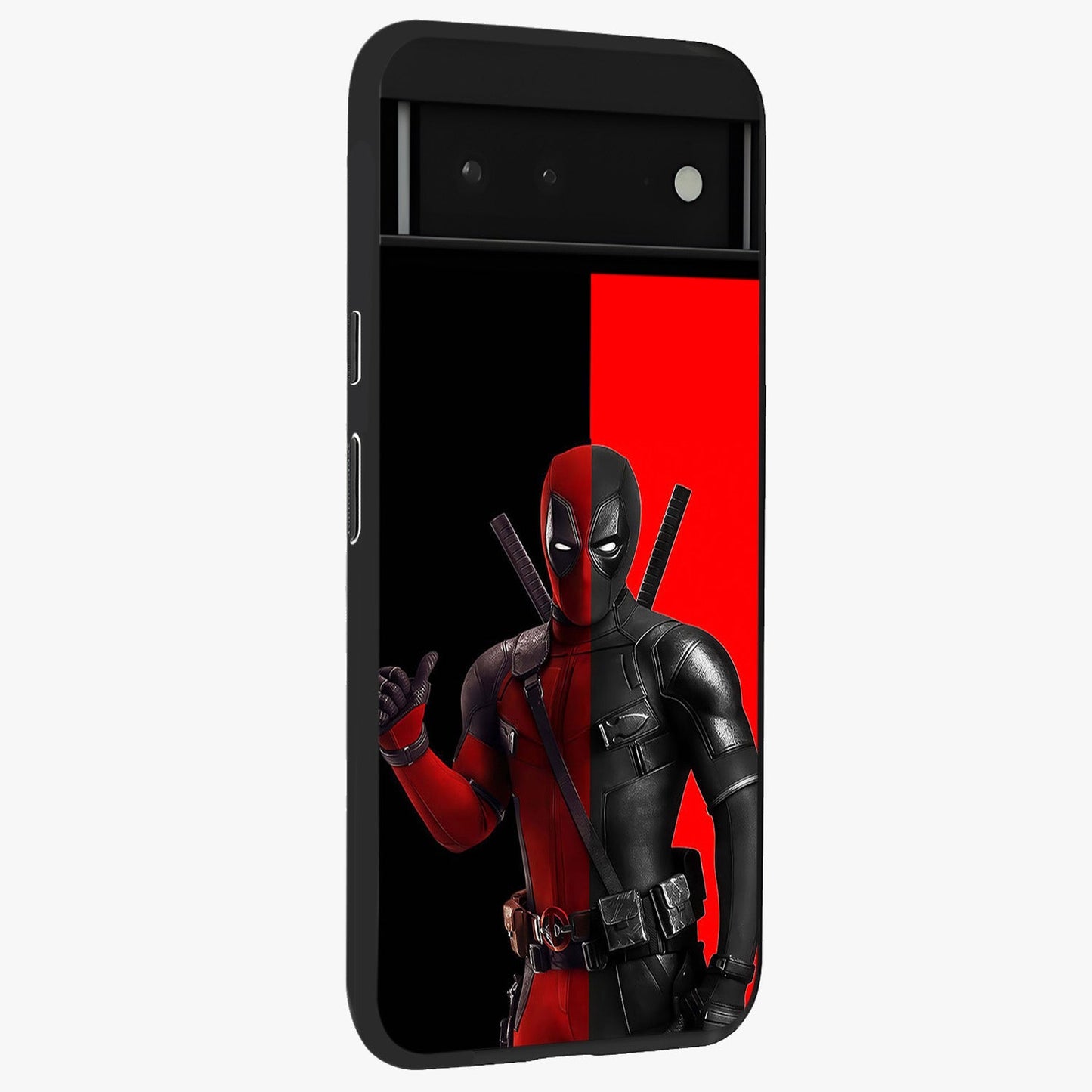 Red & Black Deadpool Theme Glass Case upright view showcasing energetic comic themed artwork with striking red and black design.