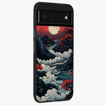 Red Sunset Scenery Glass Case upright view showcasing dramatic sunset scenery artwork with warm nature theme.