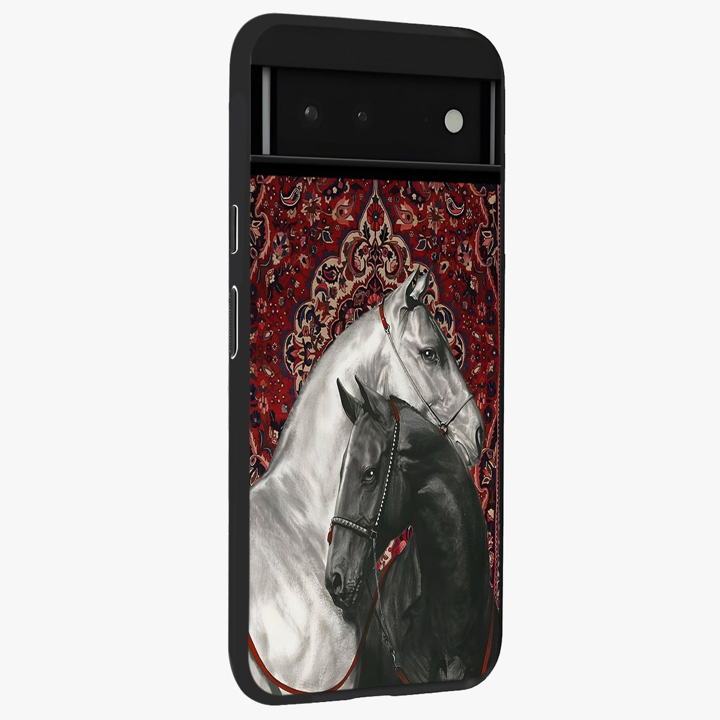 Regal Stallion Tapestry Glass Case upright view showcasing powerful horse artwork with elegant tapestry theme.