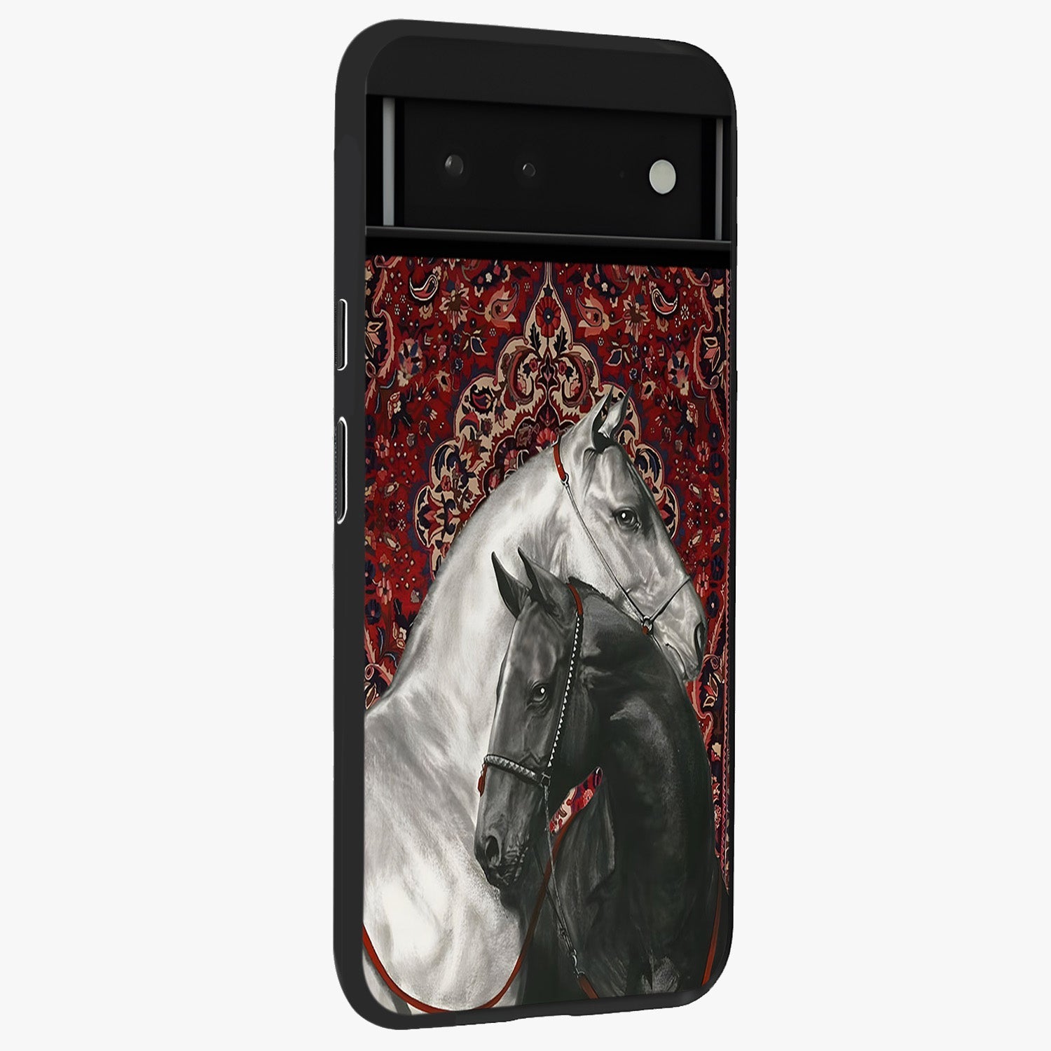Regal Stallion Tapestry Glass Case upright view showcasing powerful horse artwork with elegant tapestry theme.