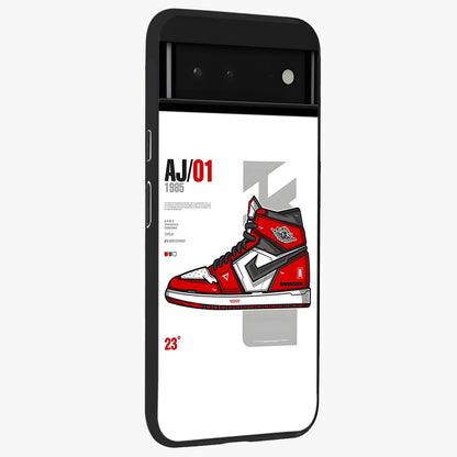 Retro Sneaker Blueprint Glass Case upright view showcasing stylish sneaker illustration with vintage streetwear theme.