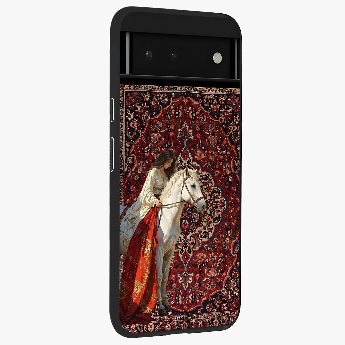 Royal Rider Tapestry Glass Case upright view showcasing detailed rider artwork with classic tapestry theme.