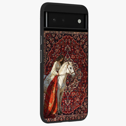 Royal Rider Tapestry Glass Case upright view showcasing detailed rider artwork with classic tapestry theme.