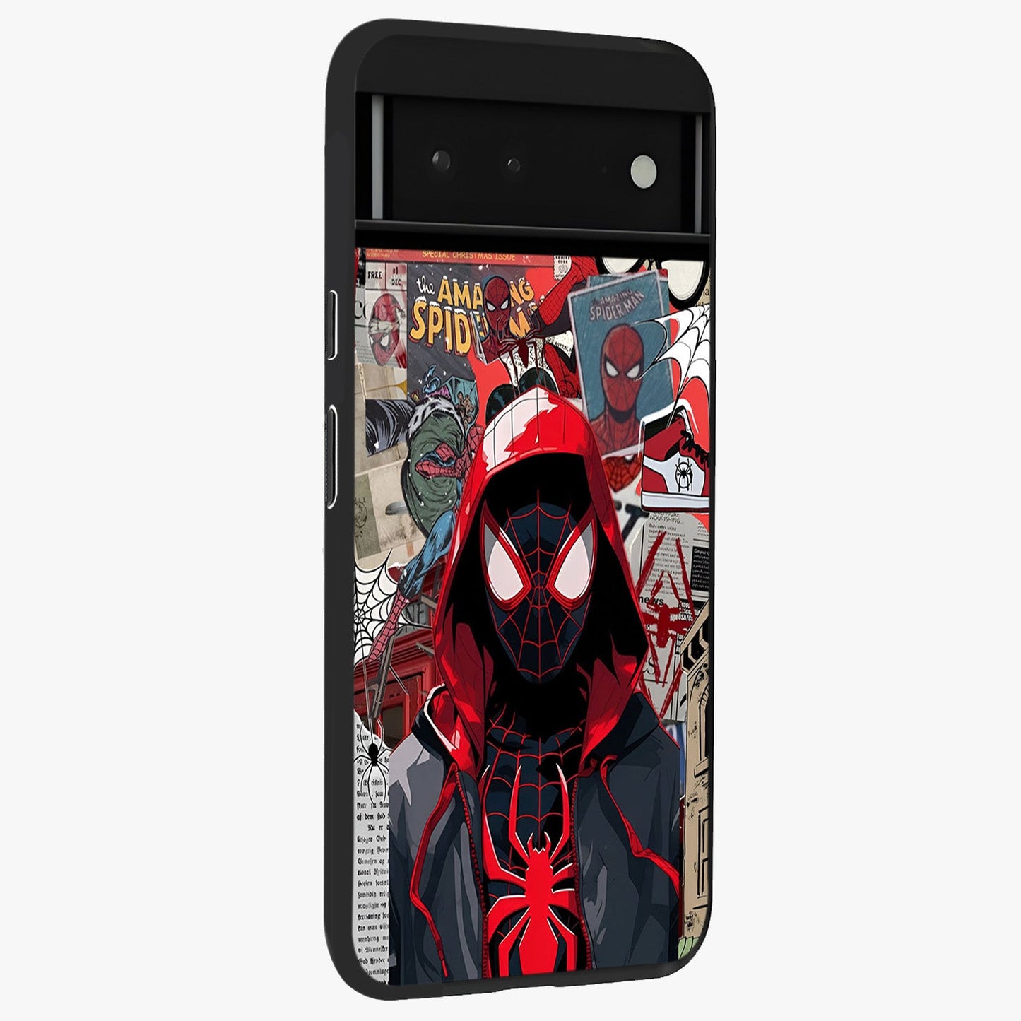 Spider Collage Street Glass Case upright view showcasing bold superhero artwork with urban street theme.