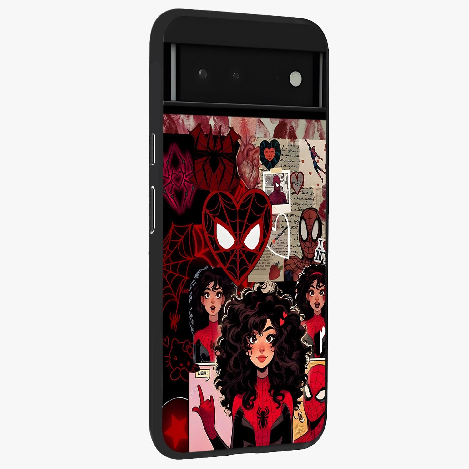 Spider Love Story Glass Case upright view showcasing charming superhero artwork with romantic comic theme.