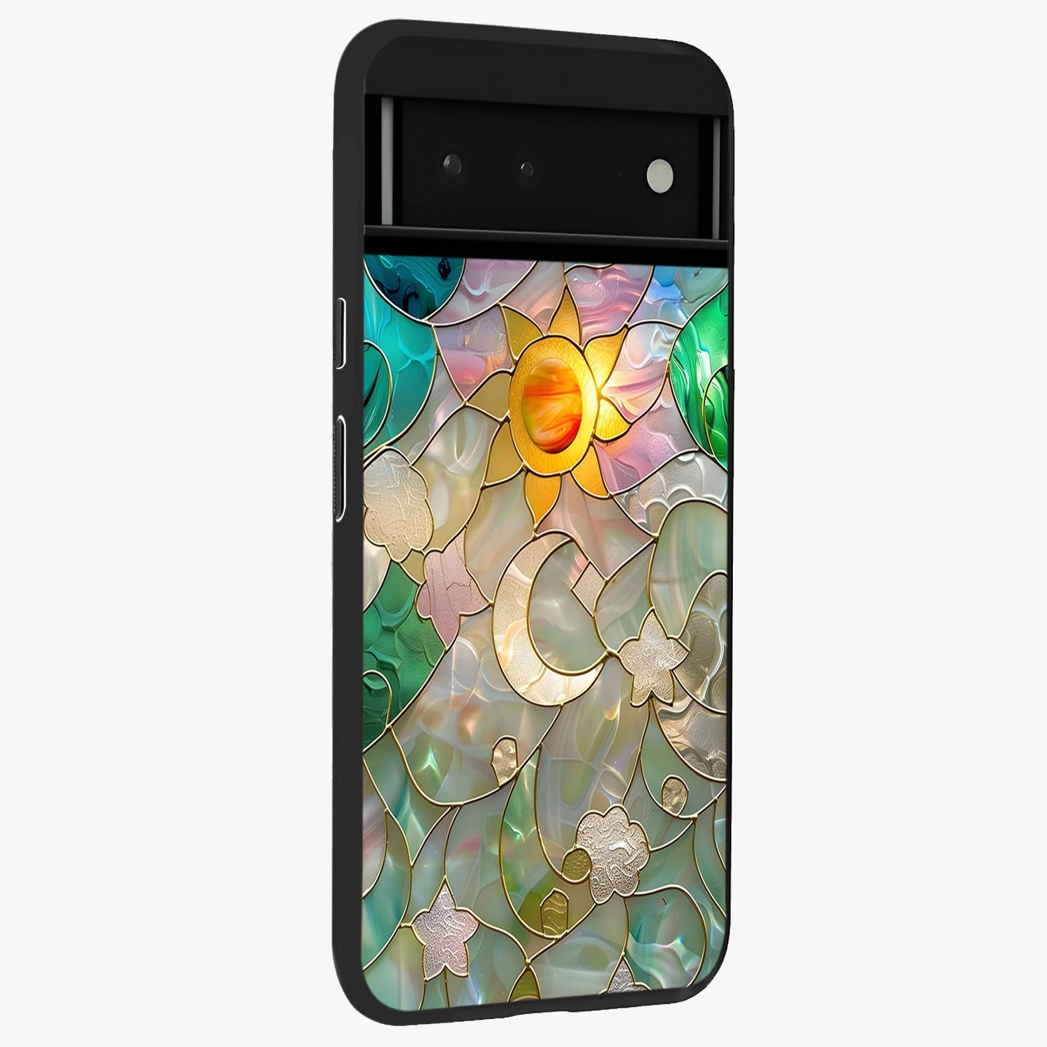 Stained Sunrise Glow Glass Case upright view showcasing colorful sunrise artwork with warm morning theme.