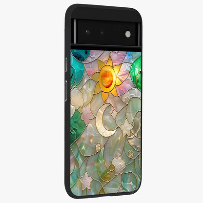 Stained Sunrise Glow Glass Case upright view showcasing colorful sunrise artwork with warm morning theme.