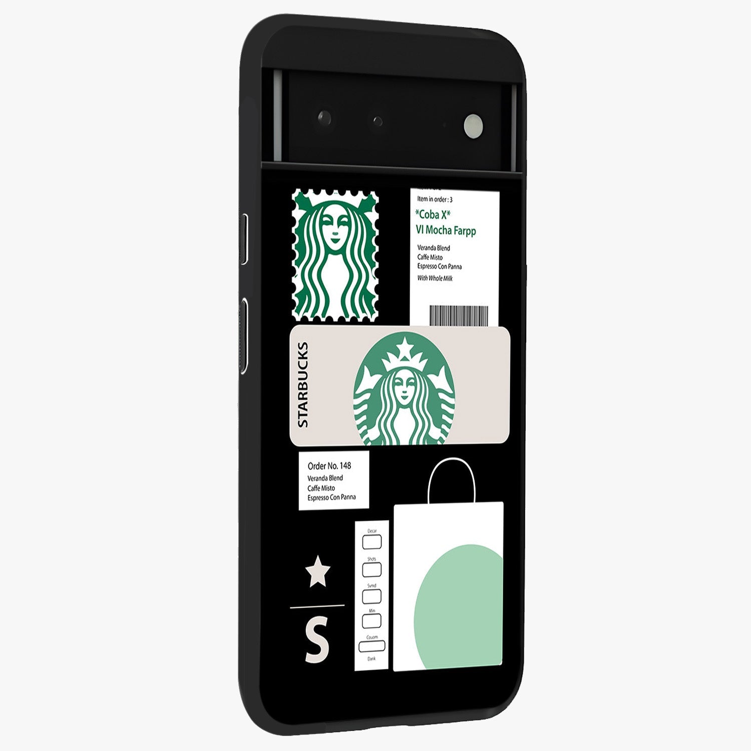 Starbucks Mocha Glass Case upright view showcasing trendy coffee inspired artwork with modern lifestyle theme.