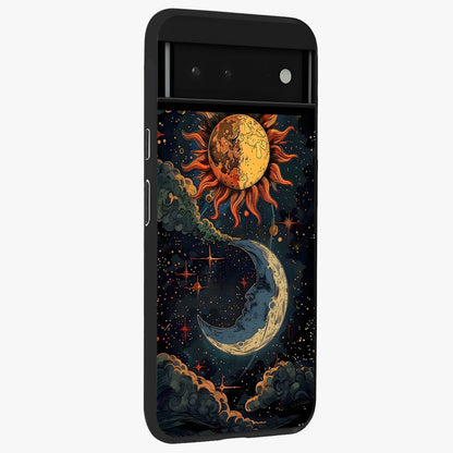Sun And Moon Magic Design Glass Case upright view showcasing decorative sun and moon artwork with spiritual celestial theme.