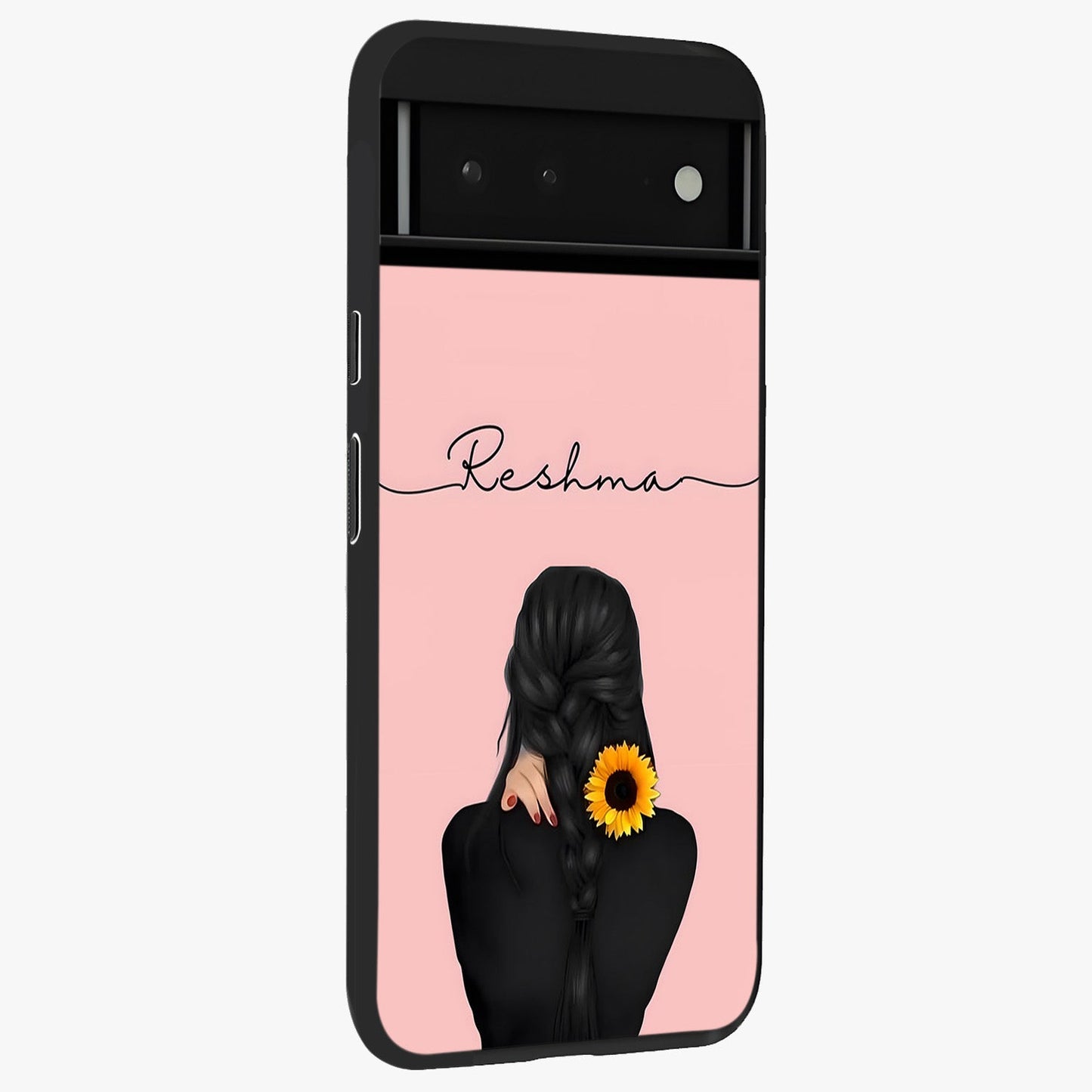 Sunflower Braid Beauty With Custom Name Glass Case upright view showcasing bright sunflower artwork with personalized floral aesthetic.