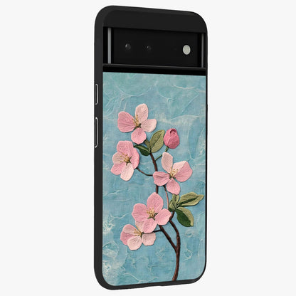 Threaded Blossom Breeze Glass Case upright view showcasing graceful flower artwork with calm botanical theme.