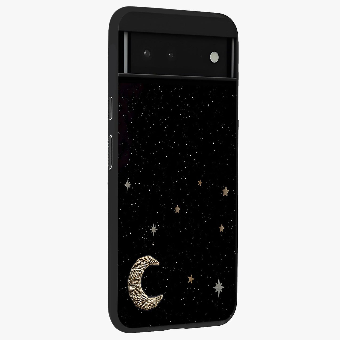 Twinkle Star With Half Moon Glass Case upright view showcasing glowing cosmic artwork with dreamy night theme.
