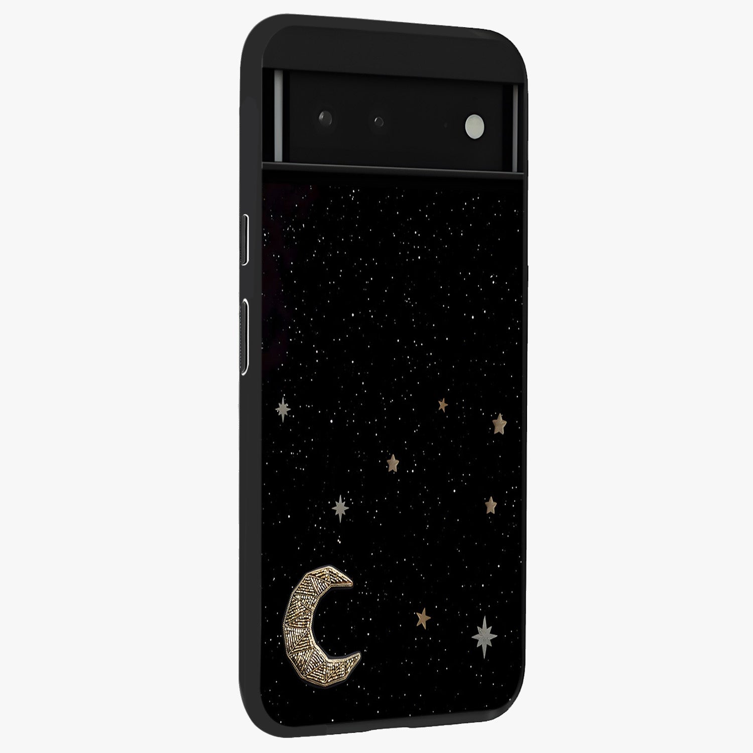 Twinkle Star With Half Moon Glass Case upright view showcasing glowing cosmic artwork with dreamy night theme.