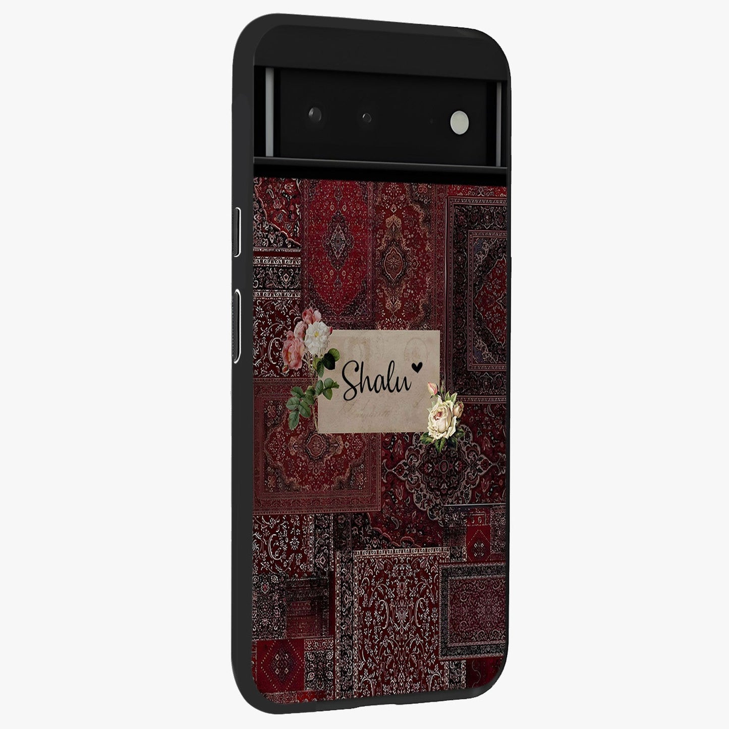 Velvet Wine Pattern Custom Name Glass Case upright view showcasing luxurious wine toned artwork with personalized aesthetic.