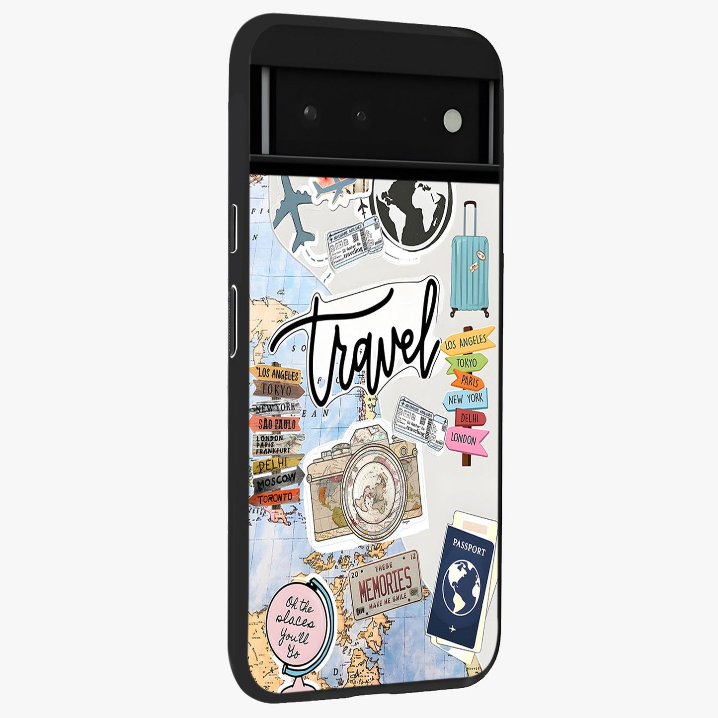 Wanderlust Journal Glass Case upright view showcasing wanderlust inspired artwork with creative exploration theme.