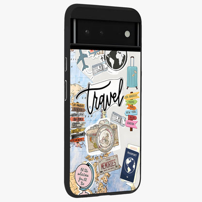 Wanderlust Journal Glass Case upright view showcasing wanderlust inspired artwork with creative exploration theme.