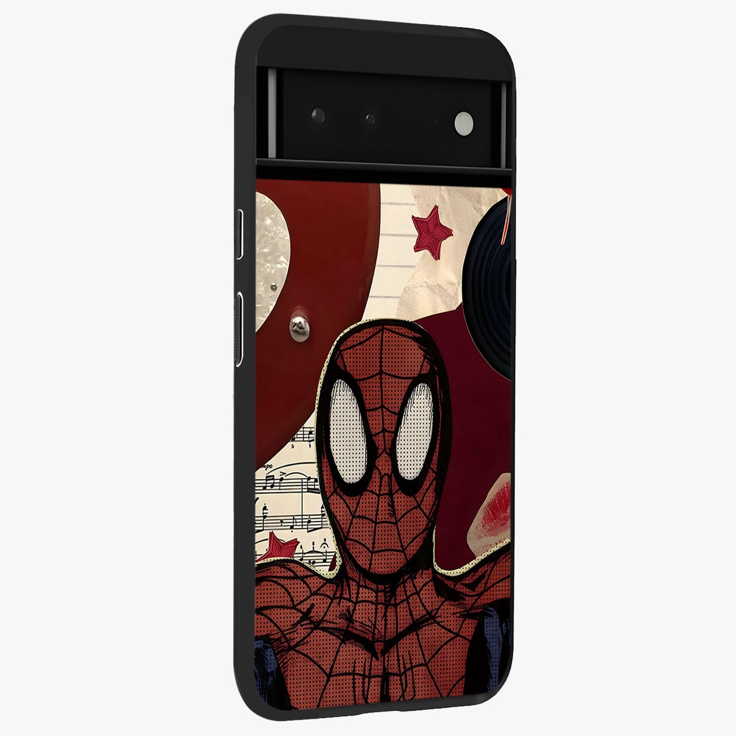 Web Warrior Vibes Glass Case upright view showcasing energetic superhero artwork with bold action theme.