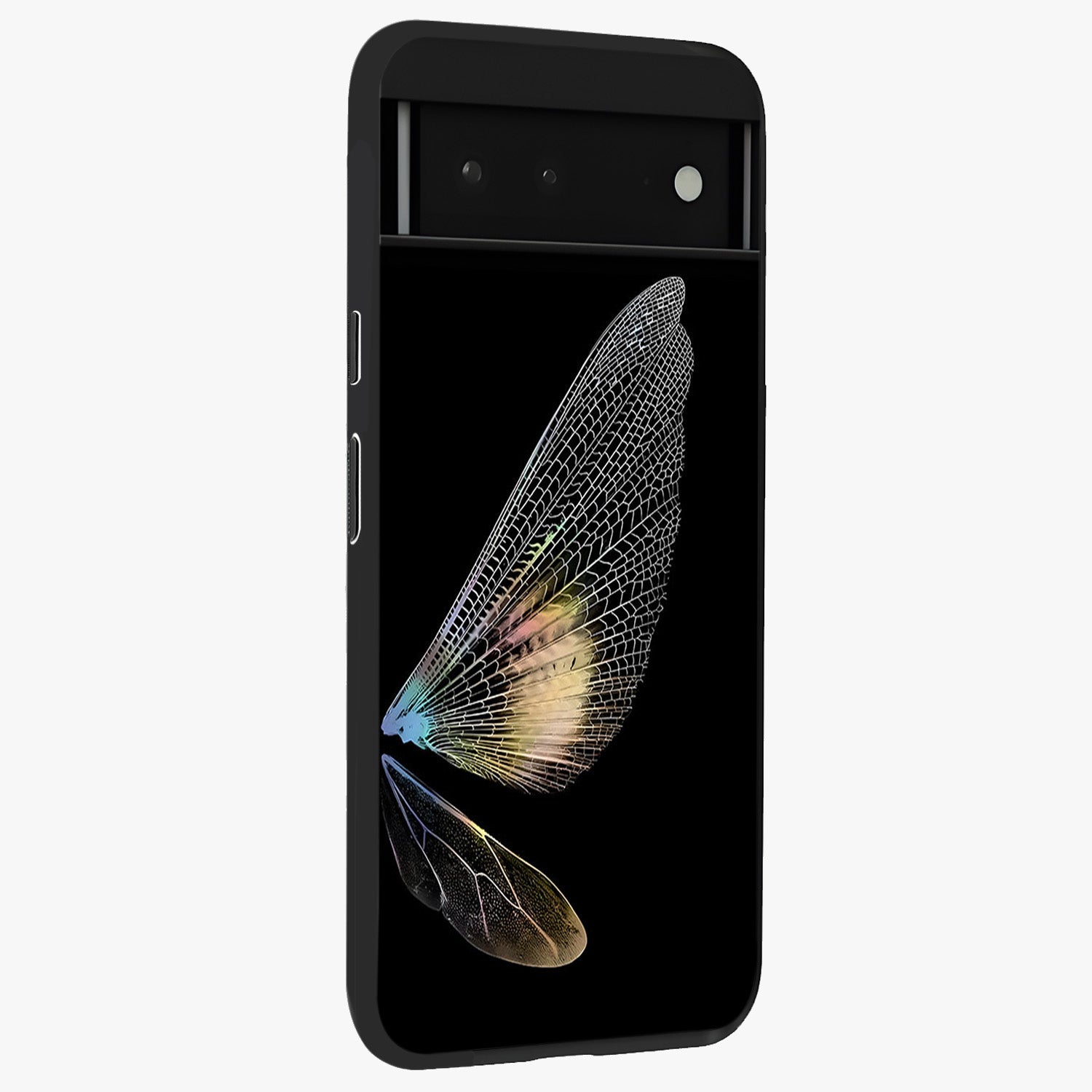 Whispers Of Wings Glass Case upright view showcasing elegant wing artwork with light airy theme.