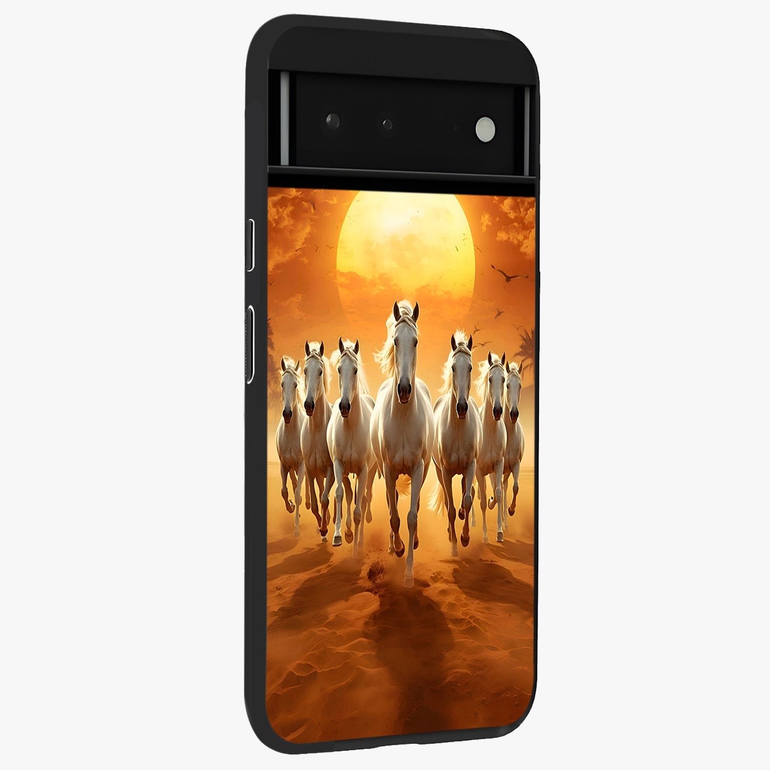 Wild Sunset Majesty Glass Case upright view showcasing dramatic sunset artwork with bold nature theme.