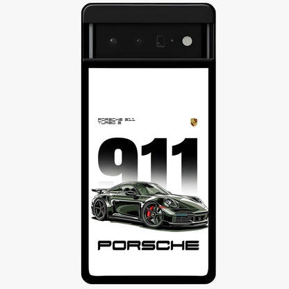 911 Turbo Dominance Glass Case showing clean flat back view with bold 911 sports car artwork and glossy glass finish.