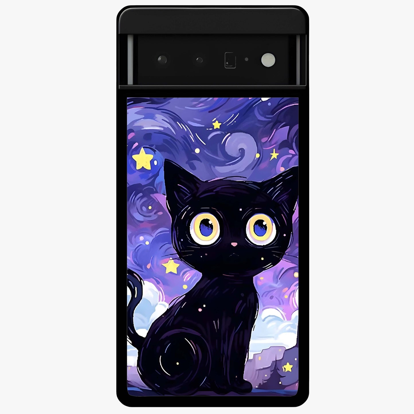 Abstract Cat Art Glass Case showing flat back view with artistic cat illustration and glossy glass finish.