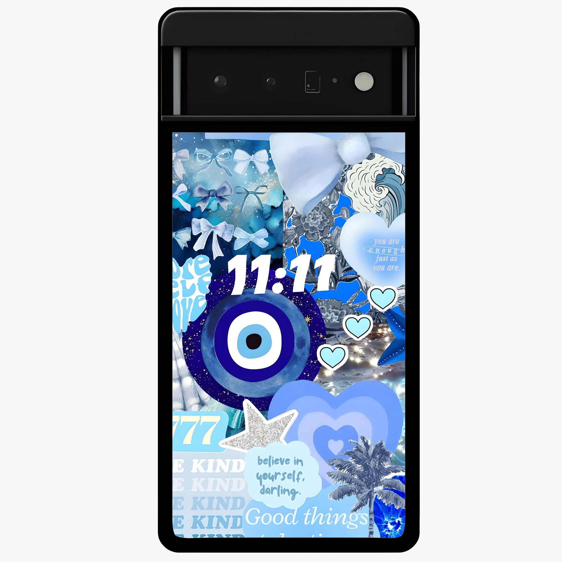 Aesthetic Be Kind Eye Glass Case showing flat back view with motivational eye artwork and glossy glass finish.