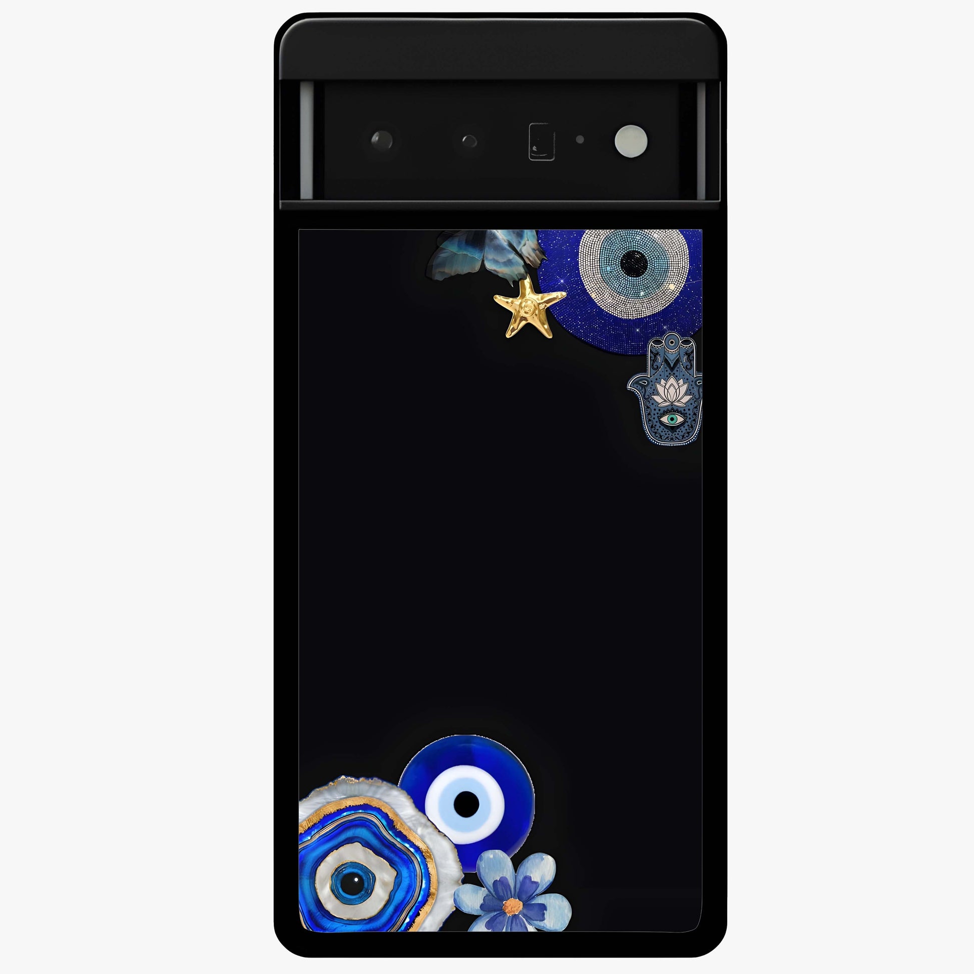 Aesthetic Blue Evil Eye Glass Case showing flat back view with protective evil eye artwork and glossy glass finish.