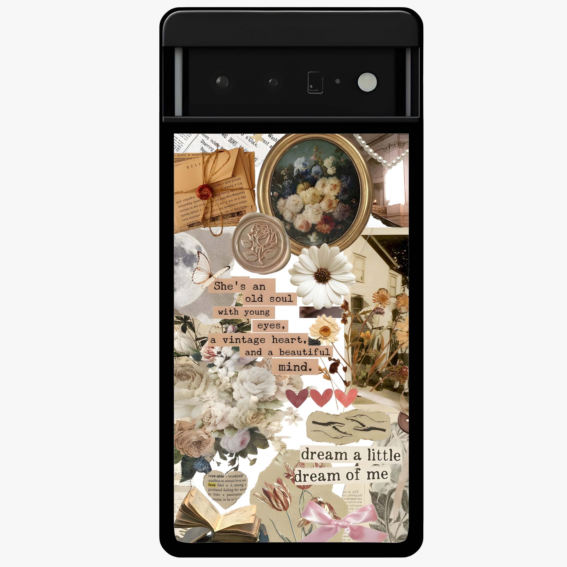Aesthetic Brown Vintage Collage Glass Case showing flat back view with retro collage artwork and glossy glass finish.