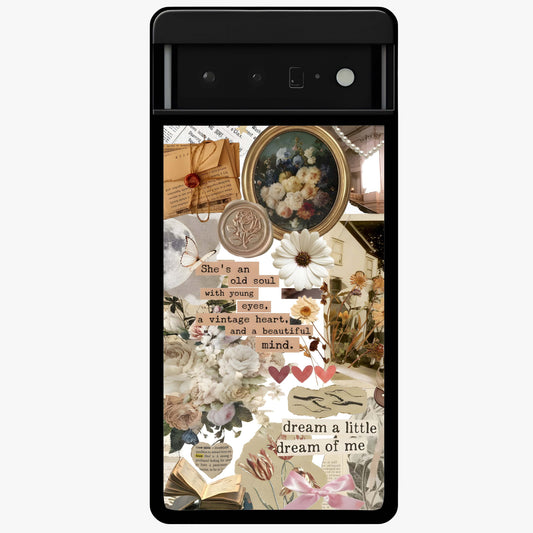 Aesthetic Brown Vintage Collage Glass Case showing flat back view with retro collage artwork and glossy glass finish.
