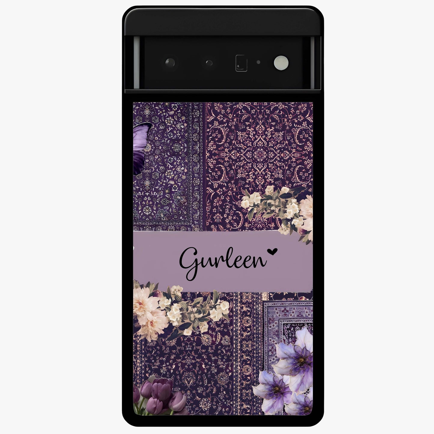 Antique Floral Whisper Custom Name Glass Case showing flat back view with vintage floral artwork and personalized name design.