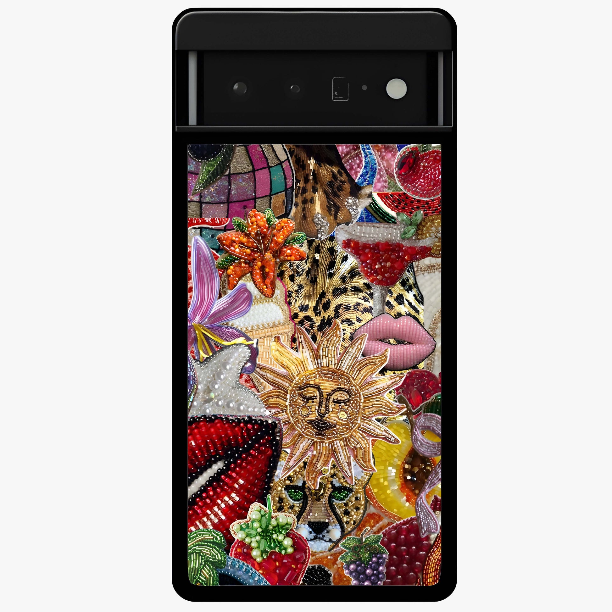 Beaded Fashion Jungle Glass Case showing flat back view with vibrant jungle inspired bead artwork and glossy glass finish.