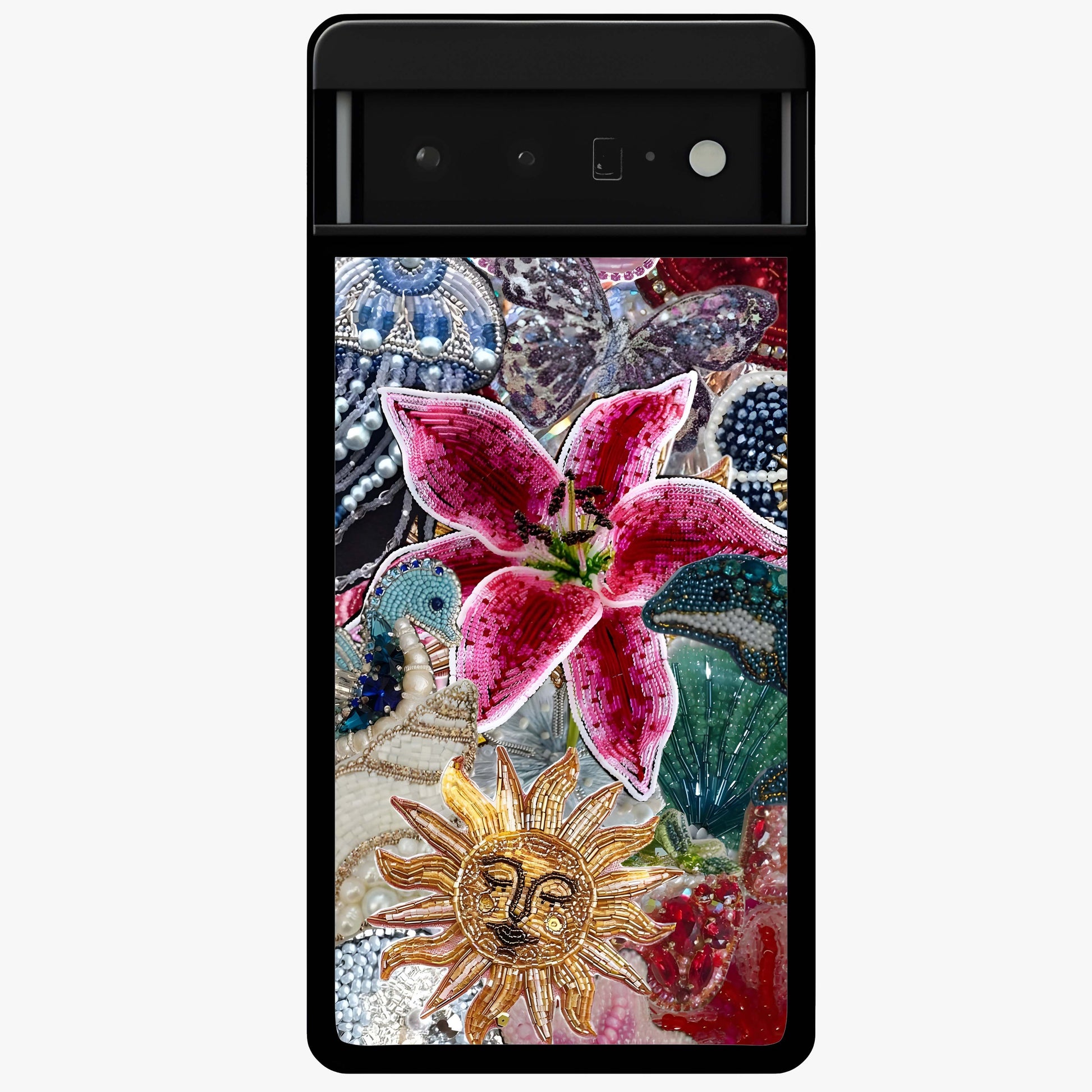 Beaded Garden Fantasy Glass Case showing flat back view with dreamy garden bead artwork and glossy glass finish.