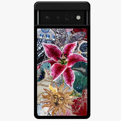 Beaded Garden Fantasy Glass Case showing flat back view with dreamy garden bead artwork and glossy glass finish.