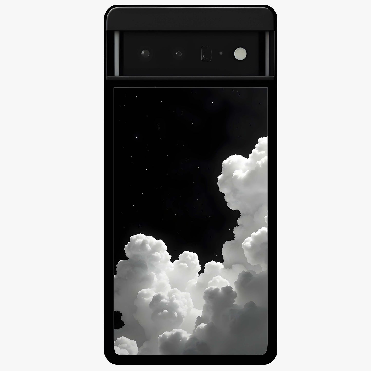 Black Background With White Cloud Glass Case showing flat back view with minimal cloud artwork on dark background and glossy glass finish.