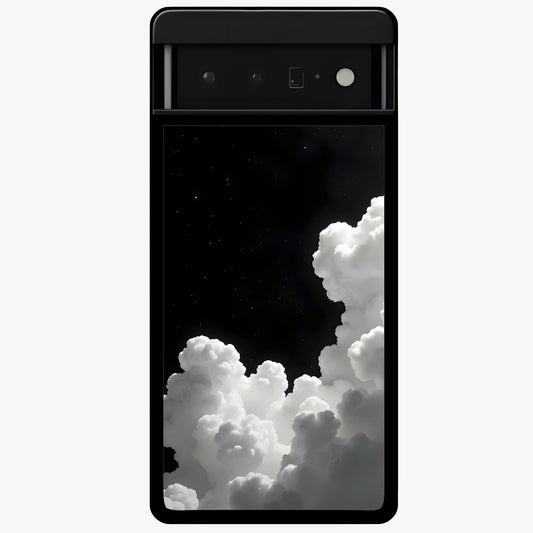 Black Background With White Cloud Glass Case showing flat back view with minimal cloud artwork on dark background and glossy glass finish.