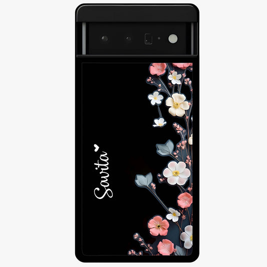 Black Elegance Floral Custom Name Glass Case showing flat back view with elegant floral artwork and personalized name design.